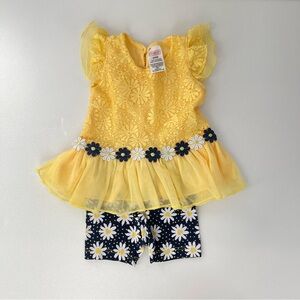Baby/Kids Yellow Lace Peplum Top with Navy Blue Daisy Print Short size 0-3months